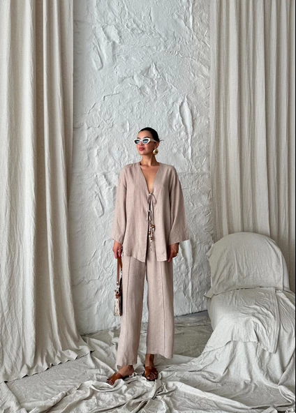 Vizon Boncuklu Kimono Keten Takım - 10
