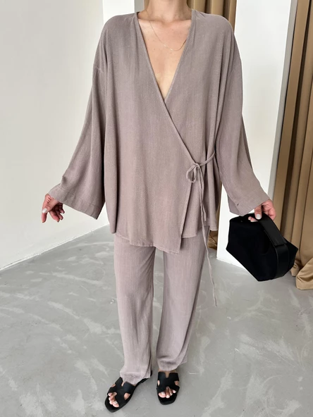 Vizon Kruvaze Pamuklu Kimono Pantolon Takım