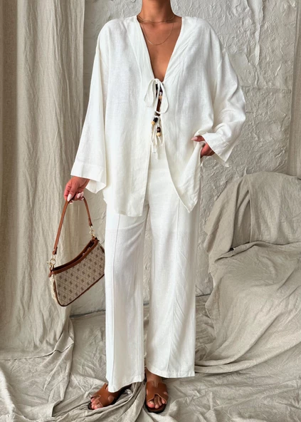 Ekru Boncuklu Kimono Keten Takım