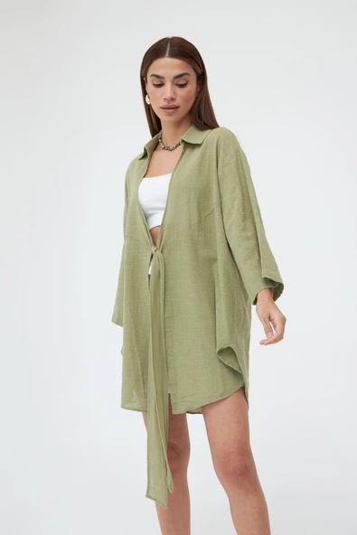 Haki Flam Keten Kimono Gömlek - 3