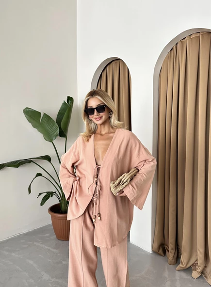 Pudra Boncuklu Kimono Keten Takım - 5