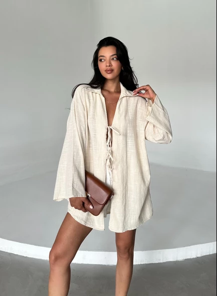 Taş %100 Keten Bağcık Detaylı Kimono Bluz - 3