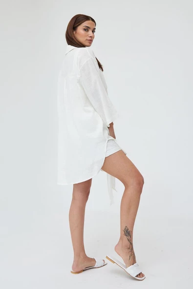 Beyaz Flam Keten Kimono Gömlek - 9