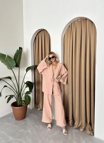 Pudra Boncuklu Kimono Keten Takım - 7