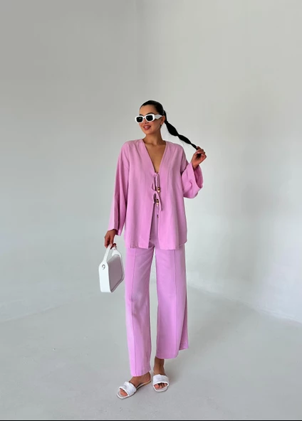 Pembe Boncuklu Kimono Keten Takım - 5
