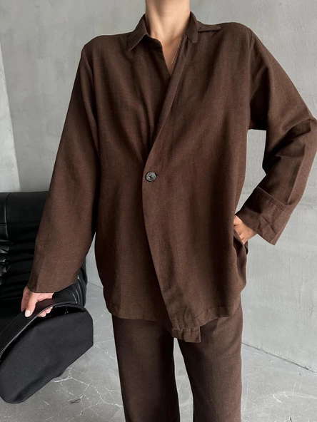 Kahve %100 Pamuk Kruvaze Kapama Tek Düğmeli Kimono Pantolon Takım - 2