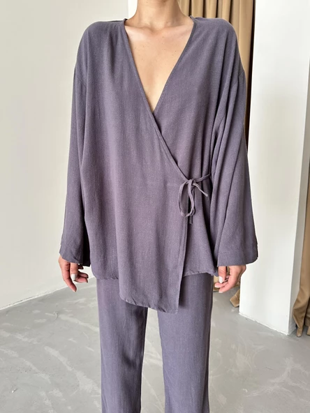 Antrasit Kruvaze Pamuklu Kimono Pantolon Takım - 2