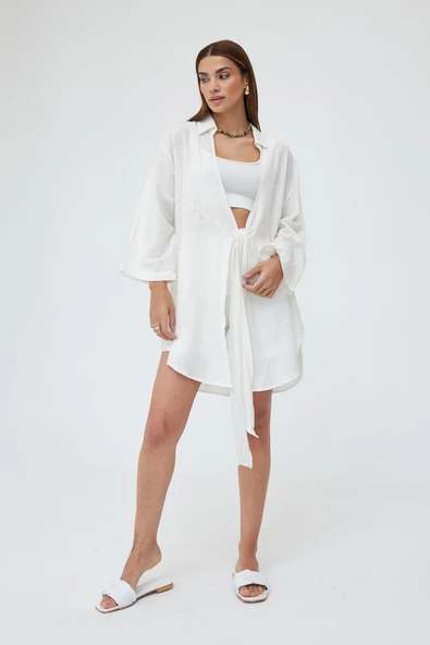 Beyaz Flam Keten Kimono Gömlek - 2