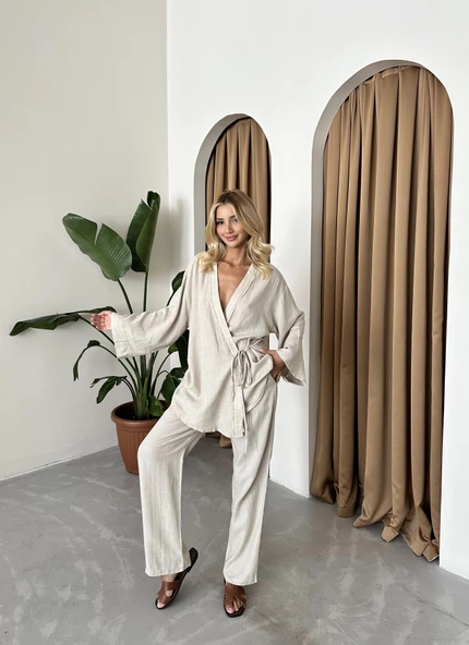 Taş Detaylı Yan Bağlamalı Keten Kumaş Kimono Takım - 6