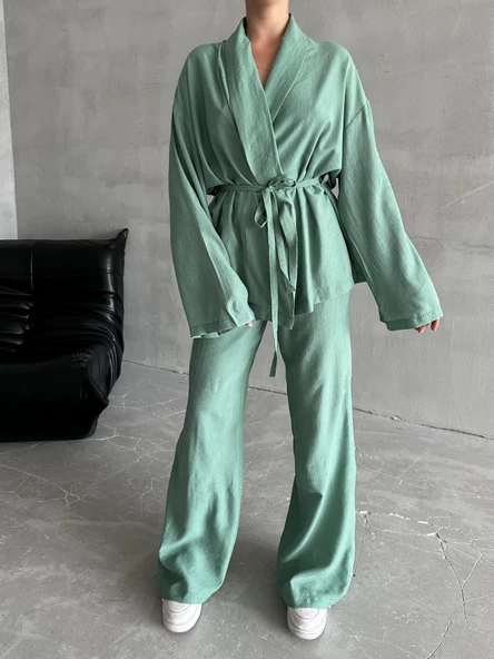 Mint Şal Yaka Kimono Pantolon Takım - 2