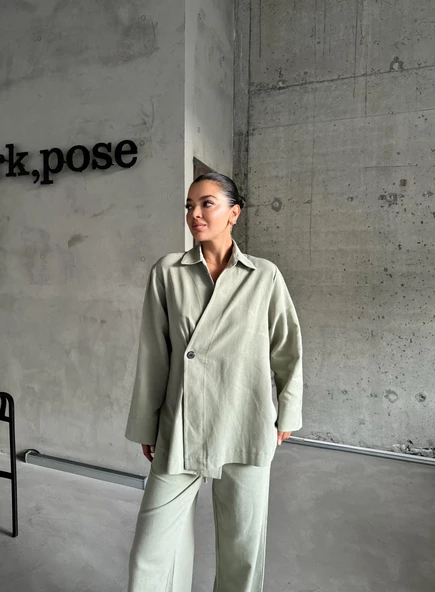 Haki %100 Pamuk Kruvaze Kapama Tek Düğmeli Kimono Pantolon Takım - 3