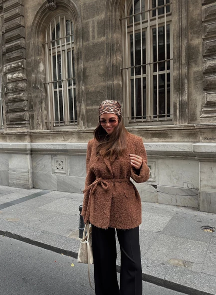 Kahve Buklet Kemerli Kaşe Blazer Ceket - 4