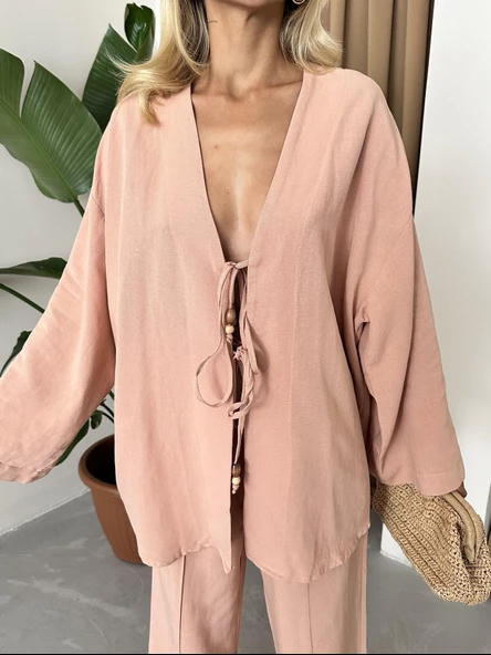 Pudra Boncuklu Kimono Keten Takım - 3