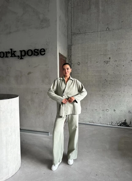 Haki %100 Pamuk Kruvaze Kapama Tek Düğmeli Kimono Pantolon Takım - 4