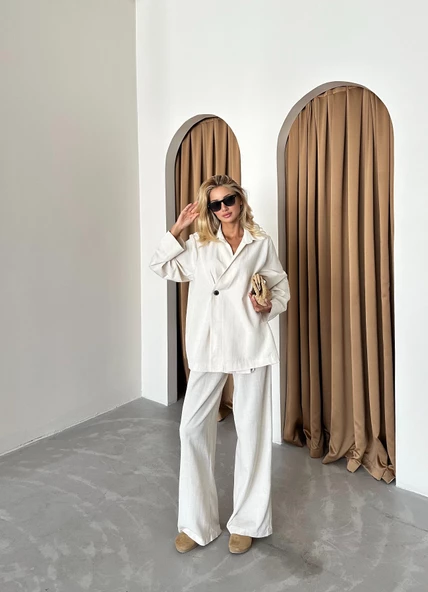Natural %100 Pamuk Kruvaze Kapama Tek Düğmeli Kimono Pantolon Takım - 5