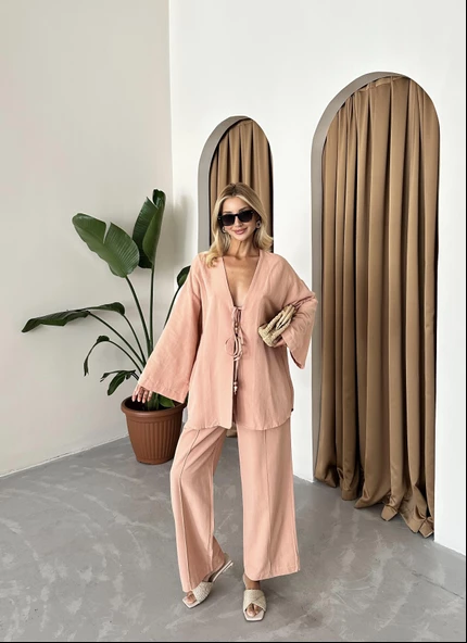 Pudra Boncuklu Kimono Keten Takım - 4