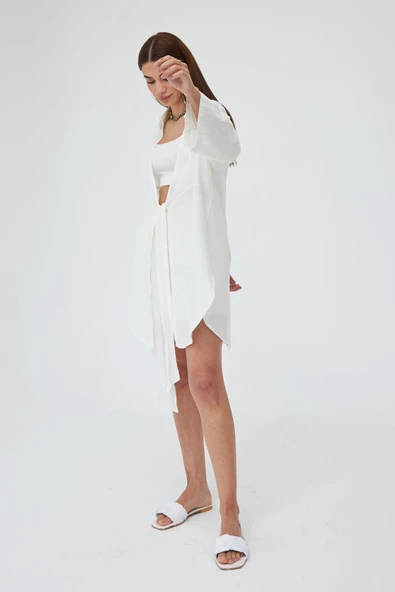 Beyaz Flam Keten Kimono Gömlek - 4