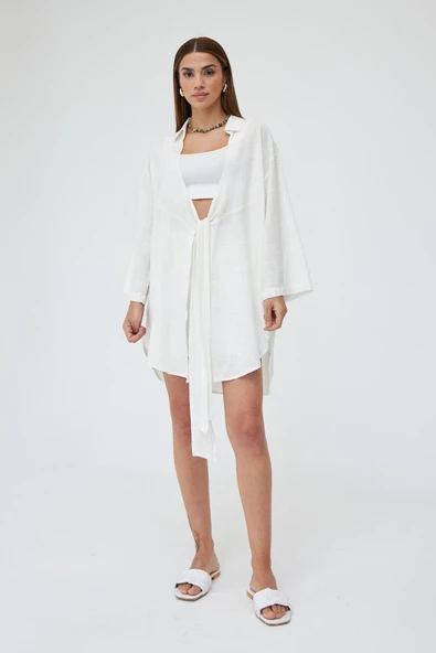 Beyaz Flam Keten Kimono Gömlek - 3
