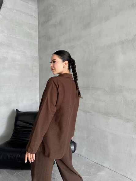 Kahve %100 Pamuk Kruvaze Kapama Tek Düğmeli Kimono Pantolon Takım - 7