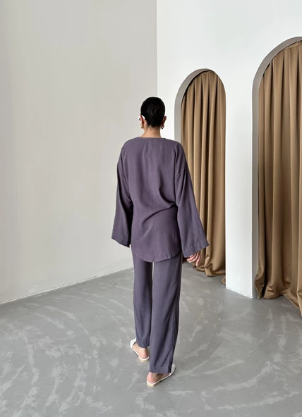 Antrasit Kruvaze Pamuklu Kimono Pantolon Takım - 7