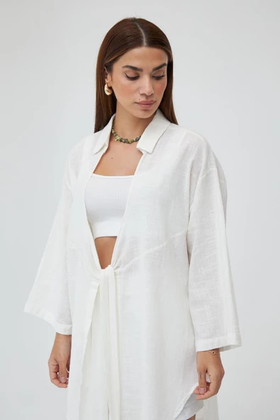 Beyaz Flam Keten Kimono Gömlek - 8