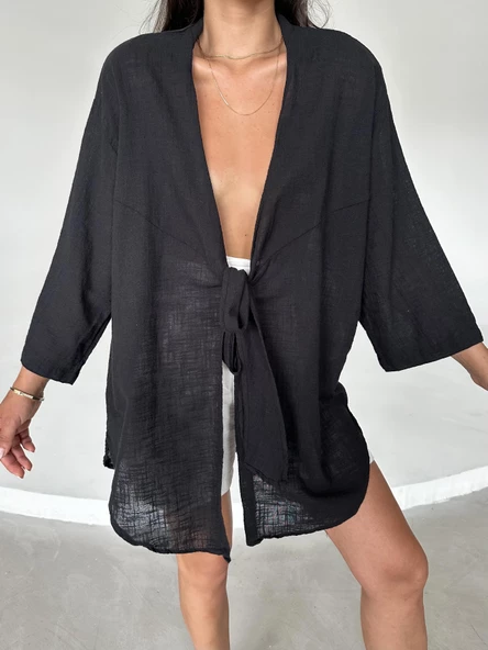 Siyah Flam Keten Kimono Gömlek