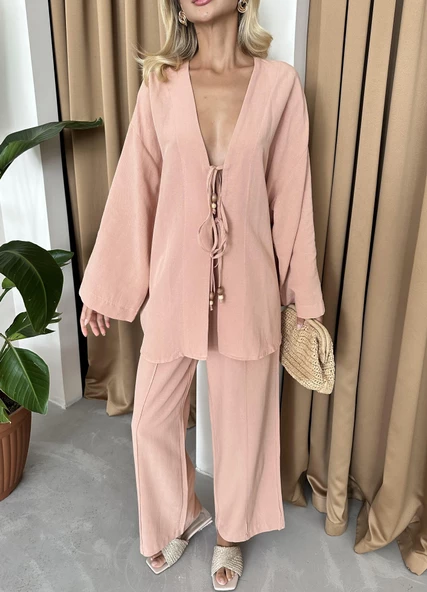 Pudra Boncuklu Kimono Keten Takım - 2