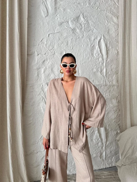 Vizon Boncuklu Kimono Keten Takım - 9