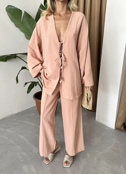 Pudra Boncuklu Kimono Keten Takım
