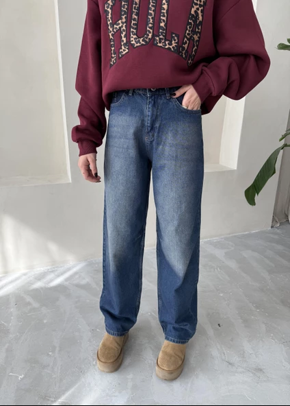 Lacivert Arkası Kemer Tokalı Boyfriend Jean Pantolon - 2