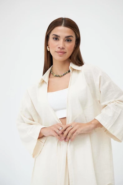 Taş Renk Flam Keten Kimono Gömlek - 4