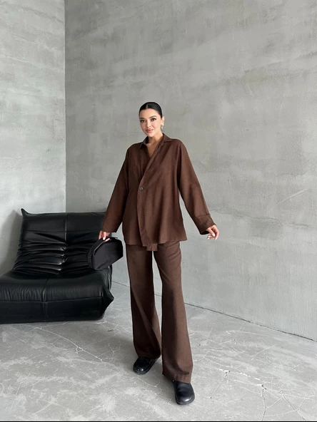 Kahve %100 Pamuk Kruvaze Kapama Tek Düğmeli Kimono Pantolon Takım - 6