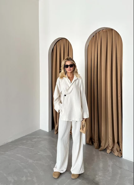 Natural %100 Pamuk Kruvaze Kapama Tek Düğmeli Kimono Pantolon Takım - 3