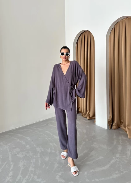 Antrasit Kruvaze Pamuklu Kimono Pantolon Takım - 4
