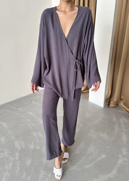 Antrasit Kruvaze Pamuklu Kimono Pantolon Takım