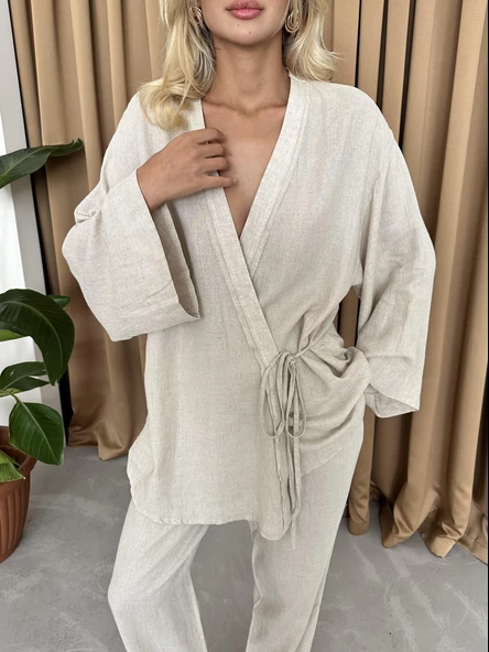 Taş Detaylı Yan Bağlamalı Keten Kumaş Kimono Takım - 3