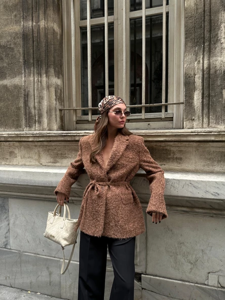 Kahve Buklet Kemerli Kaşe Blazer Ceket - 3