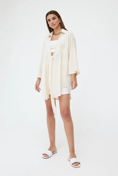 Taş Renk Flam Keten Kimono Gömlek - 2