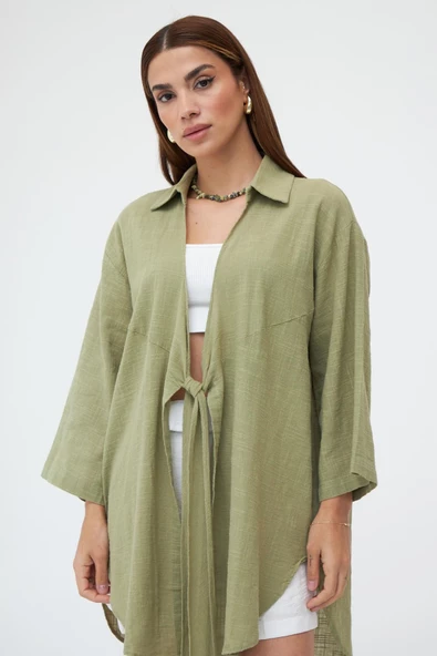Haki Flam Keten Kimono Gömlek