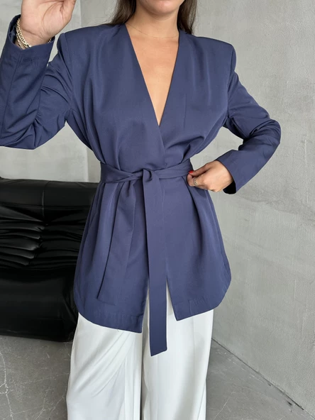 Lacivert Elegant Kuşaklı Ceket - 4