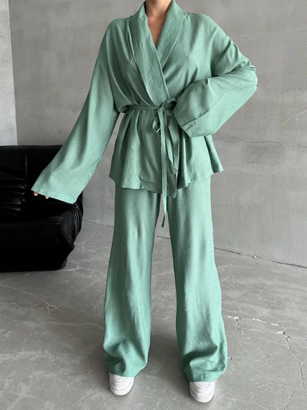 Mint Şal Yaka Kimono Pantolon Takım