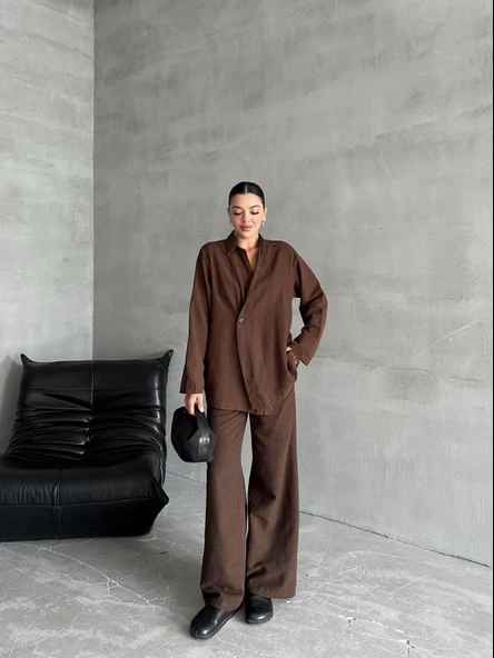 Kahve %100 Pamuk Kruvaze Kapama Tek Düğmeli Kimono Pantolon Takım - 5