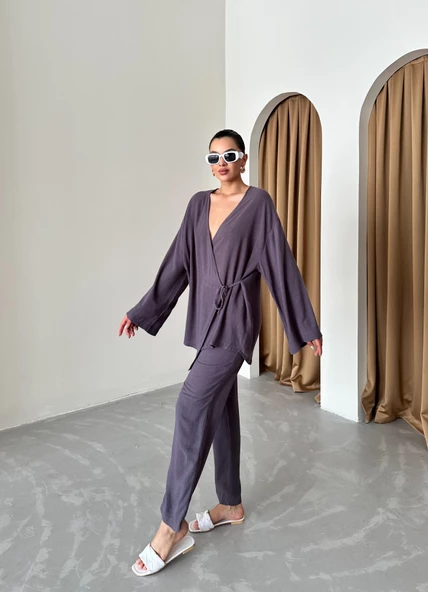 Antrasit Kruvaze Pamuklu Kimono Pantolon Takım - 3