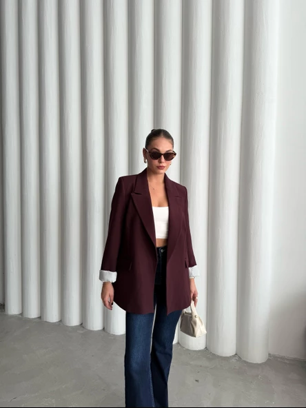 Mürdüm Kolu Katlamalı Blazer Ceket - 6