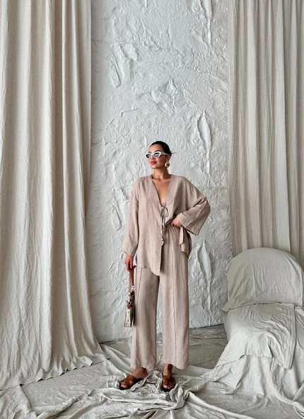 Vizon Boncuklu Kimono Keten Takım - 8
