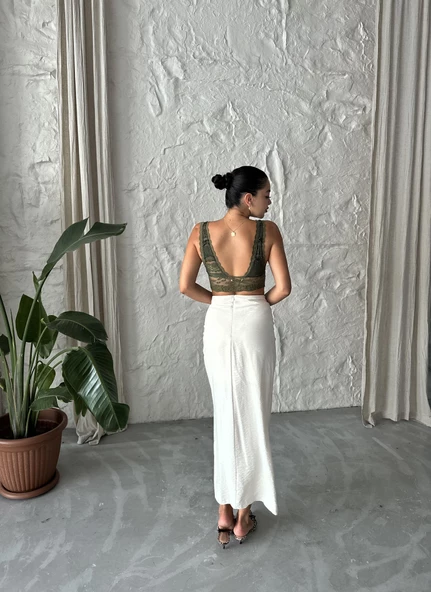 Natural Önden Büzgülü Midi Etek - 9