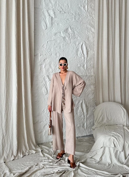 Vizon Boncuklu Kimono Keten Takım - 7
