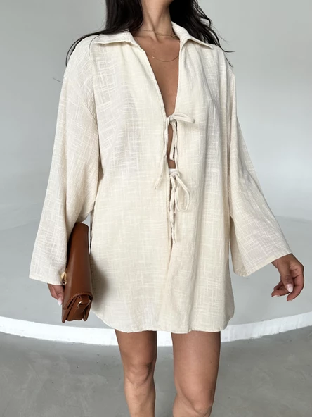 Taş %100 Keten Bağcık Detaylı Kimono Bluz - 2