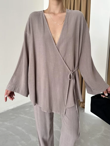 Vizon Kruvaze Pamuklu Kimono Pantolon Takım - 2