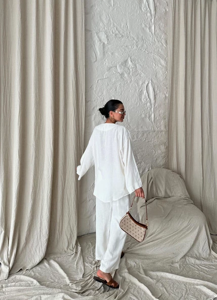 Ekru Boncuklu Kimono Keten Takım - 5
